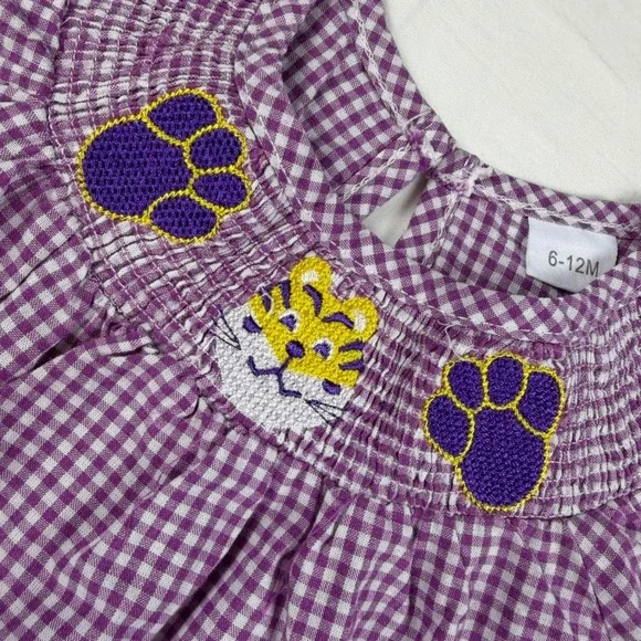 Unbranded Smocked Romper Baby 6-12M Purple Gingham Tiger Paw Print Kids EUC LSU - Picture 2 of 11